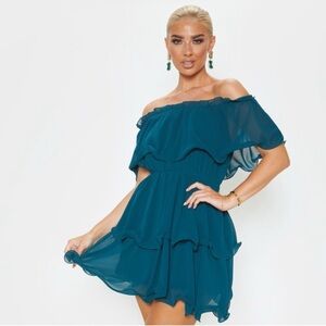 Emerald green teal chiffon Bardot ruffle dress